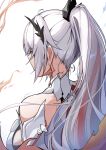  1girl absurdres bare_shoulders closed_mouth commentary_request earrings from_behind godcastlenoa grey_hair highres honkai_(series) honkai_impact_3rd jewelry kiana_kaslana long_hair multicolored_hair ponytail red_hair sidelocks simple_background solo streaked_hair white_background 