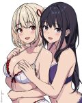  2girls :d behind_another black_hair blonde_hair bra breasts collarbone highres inoue_takina kotorigaka large_breasts looking_at_viewer lycoris_recoil multiple_girls navel nishikigi_chisato open_mouth panties purple_bra purple_eyes purple_panties red_eyes simple_background smile stomach underwear underwear_only white_background white_bra white_panties yuri 