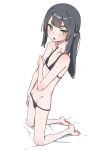  1girl akari_(raigou) barefoot bikini black_bikini black_hair blush flat_chest full_body highres kneeling long_hair looking_at_viewer open_mouth original pointy_ears ponytail raigou simple_background solo sweatdrop swimsuit thick_eyebrows white_background yellow_eyes 