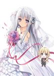  absurdres black_pants blonde_hair bouquet bow bowtie bridal_veil collarbone dress dress_na_boku_ga_yangoto_naki_katagata_no_kateikyoushi_sama_na_ken eyebrows_visible_through_hair flower formal grey_eyes highres holding holding_bouquet jewelry karory long_hair looking_at_viewer necklace one_knee pants petals pink_flower purple_flower red_bow red_ribbon ribbon seira_shiruwien silver_hair simple_background smile strapless strapless_dress veil very_long_hair wedding_dress white_background white_dress white_flower 