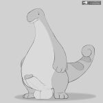 1:1 anthro balls big_balls big_penis black_eyes dinosaur erection eyebrows genitals greyscale hi_res huge_penis long_neck long_tail male monochrome multicolored_body narrowed_eyes overweight pal_(species) palworld penis raised_eyebrows relaxaurus reptile rogero_(artist) scalie sketch solo tail two_tone_body watermark