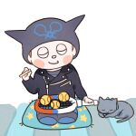  1boy animal_ear_headwear animal_ears ball beanie black_headwear black_jacket black_jumpsuit black_sleeves blue_bow blue_jumpsuit blush_stickers bow brown_hair buttons carpet cat cat_ears cigarette closed_eyes closed_mouth collared_jacket commentary_request cushion danganronpa_(series) danganronpa_v3:_killing_harmony fake_animal_ears full_body hat holding holding_cigarette holding_tennis_racket hoshi_ryoma jacket jumpsuit kogarashi_8 leather leather_jacket long_sleeves male_focus partial_commentary pocket prison_clothes racket seiza short_hair simple_background sitting smile solo star_(symbol) star_print striped_jumpsuit tennis_ball tennis_racket two-tone_jumpsuit very_short_hair white_background zabuton zipper zipper_pull_tab 