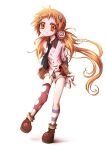  1girl asymmetrical_legwear bag boots collared_shirt commentary_request flat_chest full_body gloves hair_ornament long_hair looking_at_viewer necktie nomura_kitan orange_eyes orange_hair original shirt shorts simple_background smile solo very_long_hair white_background 