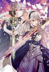  1girl amatari_sukuzakki armor cape dual_persona fire_emblem fire_emblem_if glowing glowing_weapon kamui_(fire_emblem) looking_at_viewer my_unit_(fire_emblem_if) petals red_eyes silver_hair sword 