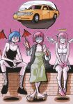  absurdres alcohol angel_wings bat_wings black_dress blue_hair bocchi_the_rock! braid car demon_girl demon_horns demon_wings dress fishnet_thighhighs fishnets gloves gotoh_hitori green_dress halo hansoom_(latebirdwakeup) highres hiroi_kikuri horns motor_vehicle multiple_girls pink_gloves pink_hair purple_hair single_braid sitting thighhighs white_dress wings yamada_ryo 