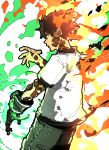  1boy absurdres animification ben_10 ben_tennyson black_trim brown_hair burning_clothes closed_mouth dutch_angle energy fiery_hair fire floating_hair from_behind from_side green_eyes green_pants hand_up henshin highres isaacchief300 male_focus multicolored_background omnitrix open_hand overexposure paint_splatter pants profile shirt short_hair short_sleeves solo standing transformation white_shirt 