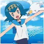  1girl :d bare_arms blue_eyes blue_hair blue_sailor_collar bright_pupils cloud commentary day hairband jiffy0v0 lana_(pokemon) open_mouth outdoors outstretched_arms pokemon pokemon_(creature) pokemon_sm sailor_collar shirt short_hair sky sleeveless sleeveless_shirt smile star_(symbol) swimsuit swimsuit_under_clothes tongue white_pupils white_shirt wingull yellow_hairband 