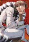  1boy brown_eyes brown_hair changpao chinese_clothes crossed_legs curtained_hair earrings elbow_rest feather_boa feet_out_of_frame from_side gumo_(911tf5) hair_between_eyes head_rest highres jewelry kagami_hayato long_sleeves looking_at_viewer male_focus nijisanji official_alternate_costume pants parted_bangs profile red_background robe short_hair sideways_glance sitting smile solo virtual_youtuber waist_cape white_pants white_robe 