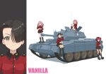  4girls absurdres against_vehicle black_footwear black_hair black_skirt boots brown_eyes character_name closed_mouth commentary cranberry_(girls_und_panzer) crusader_(tank) cup earrings emblem finger_to_mouth girls_und_panzer green_eyes grey_eyes grin hair_over_one_eye hand_in_own_hair highres holding holding_cup jacket jewelry knee_boots knee_up leaning_back long_hair long_sleeves looking_at_viewer makeup mascara military_uniform military_vehicle miniskirt motor_vehicle multiple_girls peach_(girls_und_panzer) pink_hair pleated_skirt qgkmn541 red_hair red_jacket rosehip_(girls_und_panzer) short_hair sitting skirt smile st._gloriana&#039;s_(emblem) st._gloriana&#039;s_military_uniform standing stud_earrings studded_footwear tank teacup uniform vanilla_(girls_und_panzer) wavy_hair white_background 
