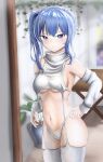  1girl :t absurdres blue_eyes blue_hair breasts closed_mouth detached_sleeves eg_kcresp high_side_ponytail highres hololive hoshimachi_suisei indoors looking_at_viewer medium_breasts meme_attire navel panties plant potted_plant pout revealing_clothes side_ponytail solo star_(symbol) star_in_eye stomach symbol_in_eye table thighhighs turtleneck underwear virgin_destroyer_sweater virtual_youtuber white_panties white_thighhighs 