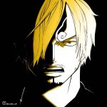  1boy aboude_art artist_name blonde_hair commentary curly_eyebrows facial_hair goatee hair_over_one_eye instagram_logo instagram_username limited_palette looking_at_viewer male_focus one_eye_covered one_piece open_mouth sanji_(one_piece) short_hair signature solo teeth 