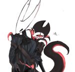  2boys :d black_skin cloak colored_skin gender_request gong-gi_(halna0830) grimm_(hollow_knight) highres hollow_knight hollow_knight_(character) multiple_boys no_humans no_pupils open_mouth red_eyes simple_background smile tail translation_request white_background yaoi 
