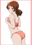  1girl ass back bikini blush closed_mouth commentary_request cowboy_shot dutch_angle frilled_bikini frills from_behind hair_up hibike!_euphonium kaz_(kazhi) looking_at_viewer looking_back oumae_kumiko partial_commentary pink_bikini short_hair short_ponytail solo standing swimsuit white_background 
