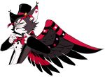  1boy adjusting_bowtie animal_ears animal_nose black_headwear black_sclera black_wings body_fur bow bowtie cat_boy cat_ears chinese_commentary colored_sclera commentary_request cropped_torso furry furry_male glaring grey_fur hat hazbin_hotel highres husk_(hazbin_hotel) looking_at_viewer lyrics800 male_focus multicolored_wings parted_lips red_bow red_bowtie red_wings sharp_teeth simple_background solo suspenders teeth top_hat traditional_bowtie two-tone_fur white_background white_fur wings yellow_eyes yellow_teeth 