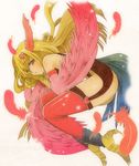  1girl blonde_hair brown_eyes claws feathers female harpie_girl harpy long_hair monster_girl simple_background solo toniomi wings yu-gi-oh! 