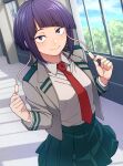  1girl audio_jack blazer boku_no_hero_academia closed_mouth collared_shirt green_skirt grey_jacket highres indoors jacket jirou_kyouka kobaji long_earlobes looking_at_viewer necktie purple_eyes purple_hair red_necktie school_uniform shirt shirt_tucked_in short_hair sidelocks skirt smile solo u.a._school_uniform white_shirt window 