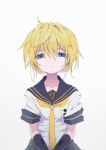  1boy absurdres black_sailor_collar blonde_hair blue_eyes commentary_request expressionless highres kagamine_len kagamine_len_(vocaloid4) looking_at_viewer male_focus necktie nomura_kitan sailor_collar shirt short_sleeves simple_background solo upper_body vocaloid white_background white_shirt yellow_necktie 