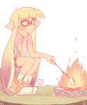  1girl bandaid bandaid_on_nose campfire fire green_eyes inkling marshmallow nintendo pointy_ears rock sally_(luna-arts) smile sneakers solo splatoon tentacle_hair wristwatch 