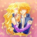  1boy 1girl bare_shoulders blonde_hair detached_sleeves eyes_closed eyeshadow gakuran hug jounouchi_katsuya kujaku_mai lb2_take lipstick long_hair makeup playing_with_hair school_uniform smile wavy_hair yu-gi-oh! yuu-gi-ou_duel_monsters 