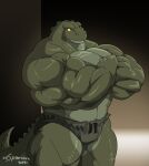 2021 anthro artist_name big_muscles bottomwear clothed clothing crocodile crocodilian crocodylid crossed_arms digital_media_(artwork) green_body green_scales hi_res huge_muscles male multicolored_body multicolored_scales muscular muscular_anthro muscular_male orange_eyes reptile reyak_(xxsparcoxx) scales scalie solo two_tone_body two_tone_scales xxsparcoxx yellow_sclera