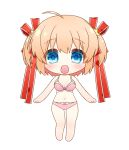 1girl :d ahoge arms_at_sides bare_arms bare_legs blonde_hair blue_eyes blush bra breasts chibi cleavage commentary eyes_visible_through_hair frilled_bra frills hair_between_eyes hair_ornament hair_ribbon highres kamikita_komari little_busters! long_ribbon looking_at_viewer medium_breasts natsuoto_rito navel open_mouth panties pink_bra pink_panties red_ribbon ribbon short_hair simple_background smile solo standing star_(symbol) star_hair_ornament straight-on two_side_up underwear underwear_only white_background 
