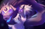  1girl absurdres animal_ears artist_name body_fur fleesveon from_side grey_fur highres kindred_(league_of_legends) lamb_(league_of_legends) league_of_legends long_hair looking_back mask open_mouth purple_background purple_eyes sharp_teeth sheep_ears sheep_tail tail teeth watermark wolf_(league_of_legends) 