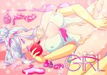  1girl apple bare_shoulders blue_eyes blue_hair breasts elbow_gloves erect_nipples food fruit girl_(anime_expo) gloves hairband kami-sama_(girl) kiraelart large_breasts makeup me!me!me! mirror nightgown thighhighs twintails 