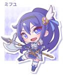  1girl :d absurdres argyle argyle_background armor blush breastplate chibi halberd highres holding holding_polearm holding_weapon long_hair mifuyu_(princess_connect!) polearm princess_connect! purple_eyes purple_hair saishosaisekojo shoulder_armor smile thighhighs very_long_hair weapon wing_hair_ornament 