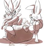 ambiguous_gender anthro big_diaper breath breath_cloud cinderace clothed clothing diaper diaper_only diaper_squish duo feces generation_1_pokemon generation_8_pokemon half-closed_eyes hi_res holding_diaper holding_object holding_plushie looking_at_another looking_back meowth narrowed_eyes nintendo object_in_mouth one_eye_closed pacifier pacifier_in_mouth plushie pokemon pokemon_(species) rear_view scorbunny sinningsneasel sitting soiling topless touching_diaper underwear