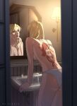  1girl ass back back_tattoo bathroom blonde_hair breasts brown_eyes commentary_request fullmetal_alchemist hair_down highres kikaia lamp looking_at_mirror mirror panties parted_lips reflection riza_hawkeye sink solo tattoo topless underwear white_panties 