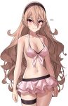  1girl absurdres artist_name bikini blush breasts cleavage collarbone corrin_(female)_(fire_emblem) corrin_(female)_(summer)_(fire_emblem) corrin_(fire_emblem) cowboy_shot fire_emblem fire_emblem_fates fire_emblem_heroes flower grey_hair hair_ornament hairband highres long_hair looking_at_viewer medium_breasts navel official_alternate_costume pointy_ears red_eyes smile solo swimsuit thigh_strap thighs white_bikini x_xith_x 