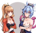  2girls arm_tattoo armor bandages black_sash blonde_hair blue_choker blue_eyes blue_hair blue_kimono blush breastplate breasts chest_sarashi chest_tattoo choker cleavage collarbone color_switch commentary crossed_arms genshin_impact highres japanese_clothes kamisato_ayaka kimono long_hair looking_at_viewer mbz3 medium_breasts multiple_girls obi orange_shirt parted_lips ponytail red_choker sarashi sash shirt short_hair short_sleeves single_bare_shoulder tattoo upper_body very_long_hair white_background yellow_eyes yoimiya_(genshin_impact) 