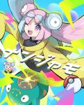  1girl ;d bellibolt bow-shaped_hair character_hair_ornament commentary_request glint grey_shirt hair_ornament happy highres iono_(pokemon) jacket lightning_bolt_symbol looking_at_viewer morizo_(morizoshop) multicolored_hair one_eye_closed open_mouth pink_eyes pink_hair poke_ball poke_ball_(basic) pokemon pokemon_(creature) pokemon_sv shirt sleeveless sleeveless_shirt smile teeth tongue two-tone_hair upper_teeth_only yellow_jacket 