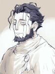  1boy aquiline_nose bags_under_eyes bara beard facial_hair facial_mark foxvulpine looking_at_viewer made_in_abyss male_focus mature_male messy_hair monochrome scar scar_on_face short_hair sideburns solo upper_body wazukyan_(human) 