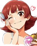  1girl :3 bare_shoulders blush brown_eyes brown_hair chocolate closed_mouth collarbone cup food hand_on_own_face hand_up heart highres holding holding_cup holding_spoon ice_cream idolmaster idolmaster_million_live! idolmaster_million_live!_theater_days looking_at_viewer nagami_tami nonohara_akane one_eye_closed portrait pudding short_hair simple_background smile solo spoon white_background 