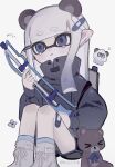  1girl absurdres bandaid bandaid_on_head bandaid_on_leg black_jacket blue_hair classic_squiffer_(splatoon) closed_mouth commentary gradient_hair gun highres holding holding_gun holding_weapon inkling inkling_girl jacket long_hair m_o_c_o_6 multicolored_hair pointy_ears simple_background solo splatoon_(series) splatoon_3 stuffed_animal stuffed_toy symbol-only_commentary tears teddy_bear tentacle_hair thick_eyebrows translation_request two-tone_hair weapon white_background white_hair 