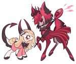  1boy 1girl absurdres alastor_(hazbin_hotel) animal_ears animalization antlers black_bow black_bowtie black_eyes black_hair blonde_hair blush_stickers bow bowtie charlie_morningstar closed_mouth coat colored_sclera colored_skin curly_hair deer deer_antlers deer_ears deer_tail demon_girl demon_horns demon_tail eyeshadow eyewear_strap from_side full_body grey_skin hazbin_hotel highres hooves horns jacket lightning_bolt_symbol long_hair long_sleeves looking_at_another low-tied_long_hair makeup meremero microphone monocle my_little_pony open_mouth pink_jacket pony_(animal) red_coat red_eyes red_eyeshadow red_hair red_sclera shirt short_hair simple_background striped_coat tail traditional_bowtie vintage_microphone white_background white_shirt yellow_teeth 