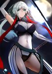  1girl armpit_cutout belt black_bodysuit bodysuit braided_hair_rings breasts clothing_cutout covered_navel earrings fate/grand_order fate/samurai_remnant fate_(series) full_moon green_eyes hair_ribbon highres jewelry jikihatiman katana large_breasts long_hair looking_at_viewer moon night night_sky ponytail ribbon sidelocks sky solo sword thigh_cutout thighs two-tone_bodysuit weapon white_bodysuit white_hair yui_shousetsu_(fate) yui_shousetsu_(first_ascension)_(fate) 