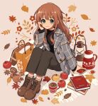  1girl animal ankle_boots apple arisa_(aren) artist_name bag black_eyes black_pants black_sweater blue_eyes blush book boots brown_background brown_footwear brown_hair buttons cellphone closed_mouth coat coffee commentary_request cross-laced_footwear cup dot_nose double-breasted drink floral_background flower_(symbol) food fruit full_body grey_coat hand_on_own_cheek hand_on_own_face hand_up highres holding holding_phone knees_up lace-up_boots lantern lapels leaf long_hair long_sleeves looking_at_viewer mug open_clothes open_coat original pants paper_bag phone plaid plaid_coat shopping_bag signature sitting smartphone smile solo squirrel sweater teapot 