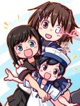  3girls artist_logo black_hair blue_eyes brown_eyes brown_hair dress fubuki_(kancolle) furutaka_(kancolle) glowing glowing_eye green_eyes hair_flaps hat hiburi_(kancolle) kantai_collection kutone_shirika multiple_girls sailor_collar sailor_dress sailor_hat school_uniform serafuku short_ponytail smile 