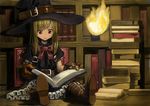  &gt;:( belt blonde_hair book bookshelf boots brown_footwear brown_gloves fire frown gloves hat highres holding holding_book leather leather_boots leather_gloves long_hair original reading red_eyes sitting solo v-shaped_eyebrows wasabi60 witch_hat 