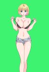  1girl bare_legs bikini bikini_top_only black_bikini blonde_hair blue_eyes denim green_background highres jeans looking_at_viewer navel no_shirt open_mouth original pants short_hair short_shorts shorts simple_background solo suzutsuki_kurara swimsuit 