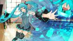  aqua_eyes aqua_hair chibi detached_sleeves fu-ta hatsune_miku headset highres instrument long_hair necktie piano project_diva project_diva_(series) skirt solo thighhighs twintails very_long_hair vocaloid window 