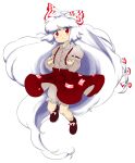  1girl :/ adapted_costume big_hair bloomers blush buttons closed_mouth collared_shirt dress_shirt fujiwara_no_mokou grey_bloomers grey_shirt juliet_sleeves long_hair long_sleeves nonamejd official_style puffy_sleeves red_eyes red_skirt shirt simple_background skirt solo suspender_skirt suspenders touhou very_long_hair white_background white_hair zun_(style) 