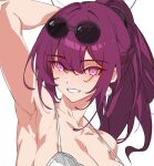  1girl armpit_crease armpits bra double-parted_bangs earrings eyewear_on_head grin hair_between_eyes highres honkai:_star_rail honkai_(series) jewelry kafka_(honkai:_star_rail) kili_kilio long_hair open_mouth ponytail purple_eyes purple_hair simple_background smile solo sunglasses underwear upper_body white_background 