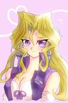  1girl bare_shoulders blonde_hair blush breasts cleavage earrings hair_between_eyes jacket jewelry kujaku_mai long_hair looking_at_viewer purple_eyes smile solo tsukasa upper_body wavy_hair yu-gi-oh! yuu-gi-ou_duel_monsters 