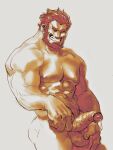  1boy abs bara beard completely_nude facial_hair facing_viewer fate/grand_order fate_(series) full_beard girthy_penis grin highres iskandar_(fate) kotei_haijin large_pectorals male_focus mature_male muscular muscular_male nipples nude pectorals penis precum precum_drip red_hair smile solo thick_beard thick_eyebrows uncensored veins veiny_arms 