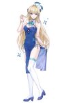 1girl absurdres alternate_costume ass blonde_hair blue_archive blue_bow blue_bowtie blue_dress blue_eyes blue_footwear blue_hair blue_halo blush bow bowtie braid breasts china_dress chinese_clothes cleavage closed_mouth covered_navel dress full_body halo high_heels highres long_hair looking_at_viewer medium_breasts multicolored_hair pelvic_curtain revision solo streaked_hair thighhighs toki_(blue_archive) white_background white_thighhighs yum_draw 
