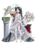  1girl absurdly_long_hair absurdres angel_statue aris_(blue_archive) black_hair blue_archive blush bouquet breasts bridal_gauntlets bridal_veil bugle cleavage dress full_body garter_straps halo head_wreath highres holding holding_bouquet instrument leviathan_(hikinito0902) long_hair looking_at_viewer lyre midori_(blue_archive) momoi_(blue_archive) music panties playing_instrument see-through see-through_cleavage see-through_dress simple_background smile solo swept_bangs thighhighs underwear veil very_long_hair white_background white_dress white_garter_straps white_panties white_thighhighs 
