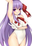  1girl :q arm_up armpits bb_(fate)_(all) bb_(swimsuit_mooncancer)_(fate) breasts covered_navel eyebrows_visible_through_hair fate/grand_order fate_(series) gloves hair_ribbon large_breasts leotard long_hair looking_at_viewer purple_eyes purple_hair red_ribbon ribbon simple_background sleeveless solo tongue tongue_out toshishikisai v very_long_hair white_background white_gloves white_leotard 